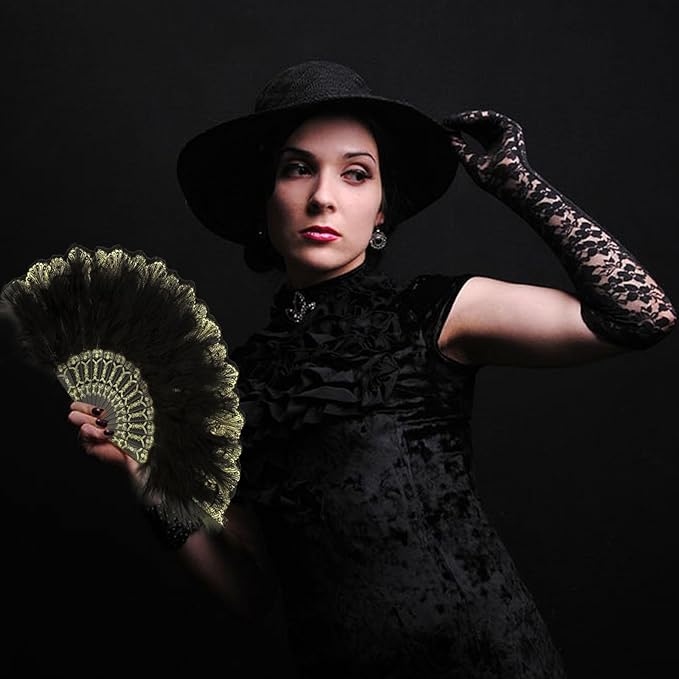 2 Pack Women's Fan Feather, 1920s Vintage Style Retro Hand Fan Ladies, 1920s Vintage Foldable Handheld Hand Fan, Gatsby Costume, for Wedding, Halloween, Party, Costume Decoration