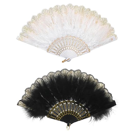 Namvo 2 Pack Women Feather Fan 1920s Vintage Foldable Hand Held Feather Fan Foldable Feather Fan for Party Costume Decoration