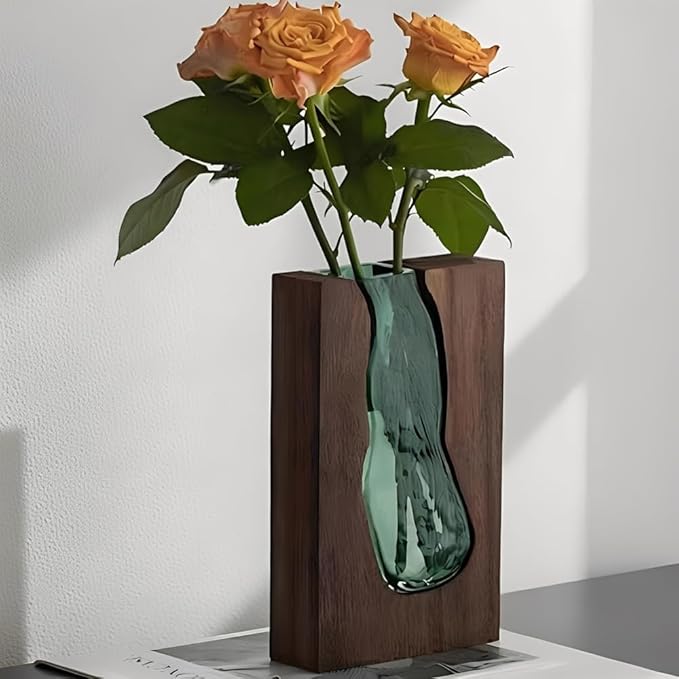 Flower Vase Modern Glass Vase Handmade Vase Glass Rectangular Narrow Vases with Wooden Base for Home Office Decor Gift for Wedding Housewarming Party Celebrations Height 24 cm