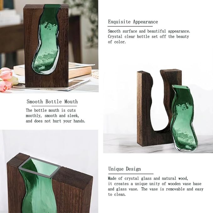 Flower Vase Modern Glass Vase Handmade Vase Glass Rectangular Narrow Vases with Wooden Base for Home Office Decor Gift for Wedding Housewarming Party Celebrations Height 24 cm