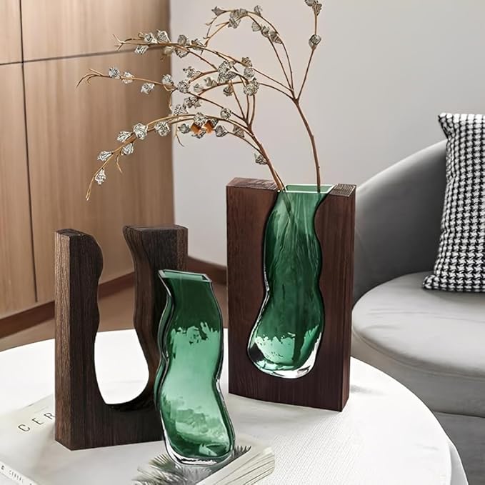 Flower Vase Modern Glass Vase Handmade Vase Glass Rectangular Narrow Vases with Wooden Base for Home Office Decor Gift for Wedding Housewarming Party Celebrations Height 24 cm