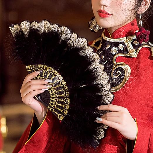 Namvo 2 Pack Women Feather Fan 1920s Vintage Foldable Hand Held Feather Fan Foldable Feather Fan for Party Costume Decoration