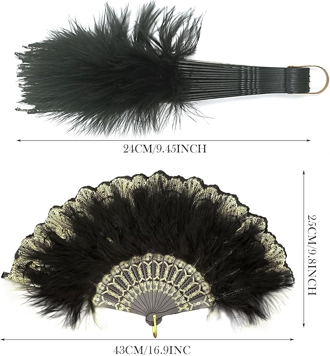 2 Pack Women's Fan Feather, 1920s Vintage Style Retro Hand Fan Ladies, 1920s Vintage Foldable Handheld Hand Fan, Gatsby Costume, for Wedding, Halloween, Party, Costume Decoration