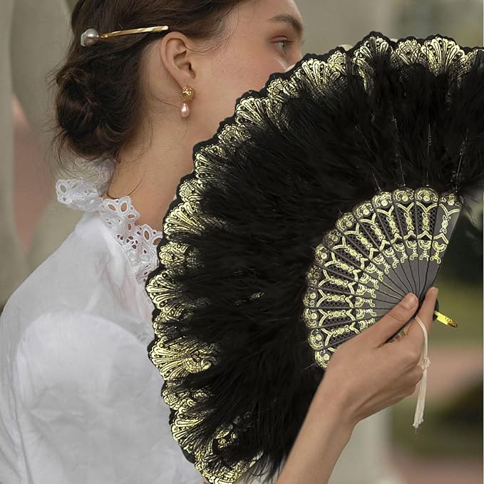 2 Pack Women's Fan Feather, 1920s Vintage Style Retro Hand Fan Ladies, 1920s Vintage Foldable Handheld Hand Fan, Gatsby Costume, for Wedding, Halloween, Party, Costume Decoration