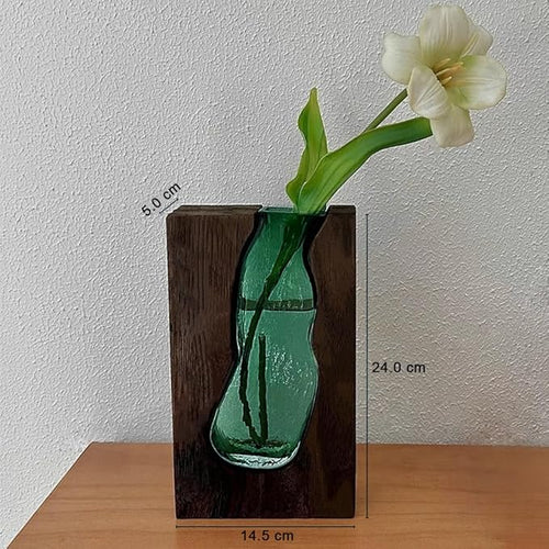 Flower Vase Modern Glass Vase Handmade Vase Glass Rectangular Narrow Vases with Wooden Base for Home Office Decor Gift for Wedding Housewarming Party Celebrations Height 24 cm