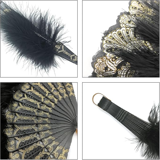 2 Pack Women's Fan Feather, 1920s Vintage Style Retro Hand Fan Ladies, 1920s Vintage Foldable Handheld Hand Fan, Gatsby Costume, for Wedding, Halloween, Party, Costume Decoration